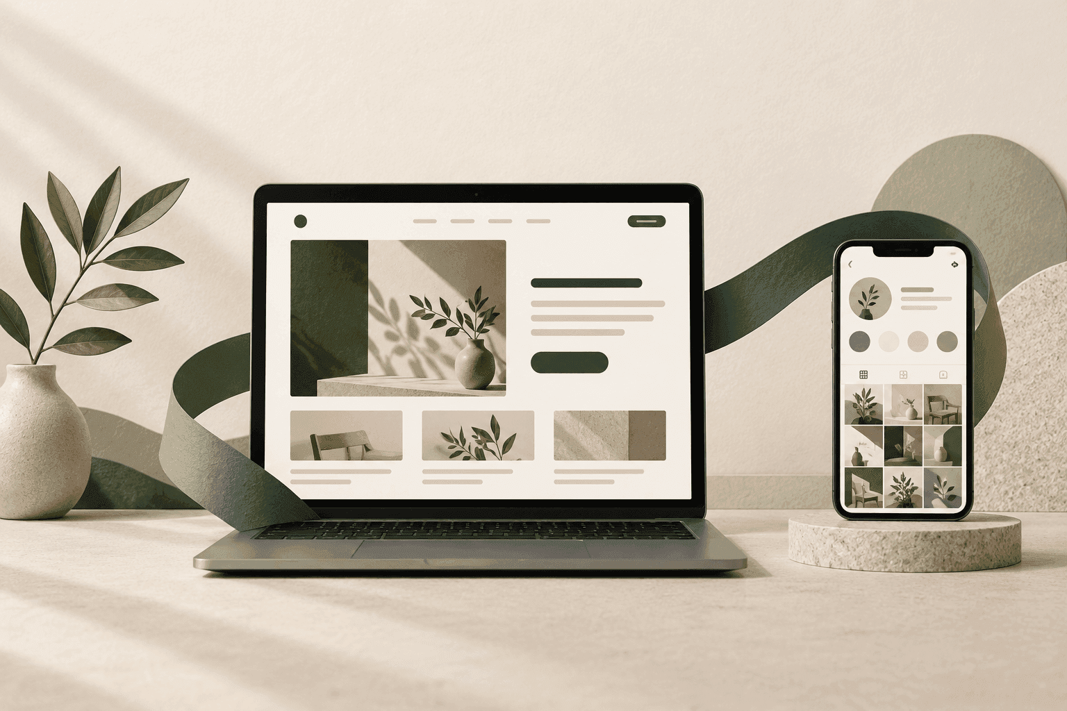 Ilustración de una notebook con una página web y un celular con un perfil social, conectados por una cinta verde.